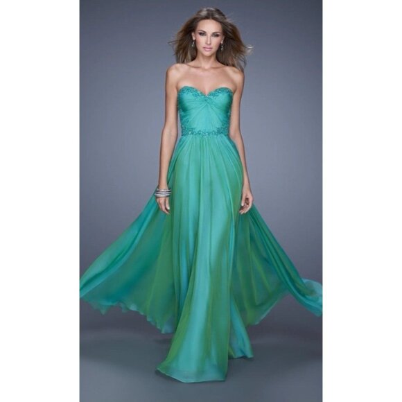 La Femme Long Formal Dress Maxi 8 Green Chiffon Sequin Wedding Party Cruise Prom - Picture 1 of 15